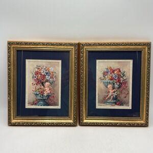 Pair Barbara Mock Cherub Floral Framed Prints Gold Frames Blue Mat 12x14